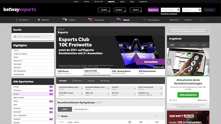 Betway eSports Bereich Screenshot