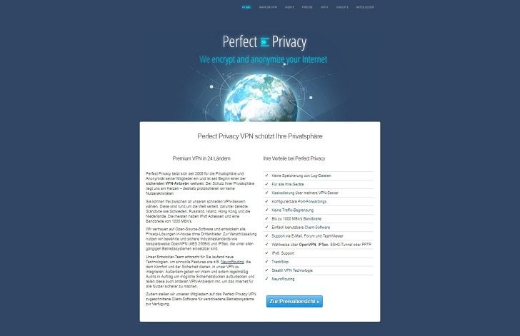 Perfect Privacy Startseite Screenshot