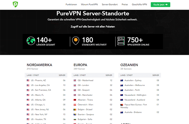 Verschiedene PureVPN Server