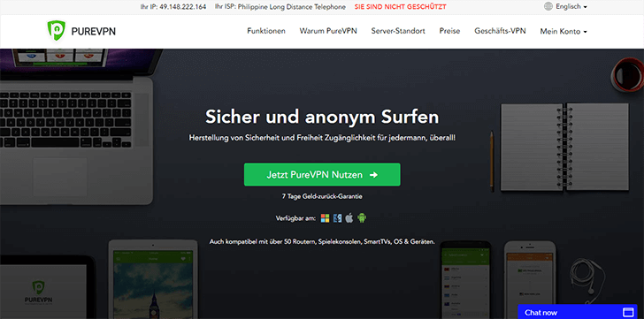 Startseite des Anbieters PureVPN