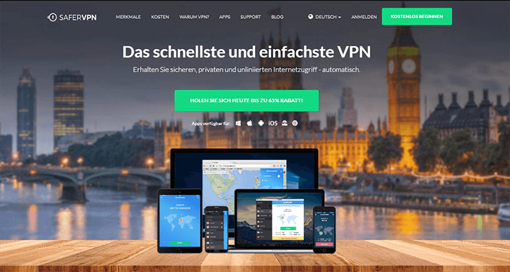 SaferVPN Startseite Screenshot