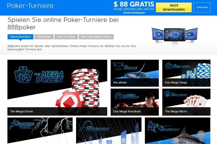 Ein Screenshot der angebotenen 888Poker Turniere