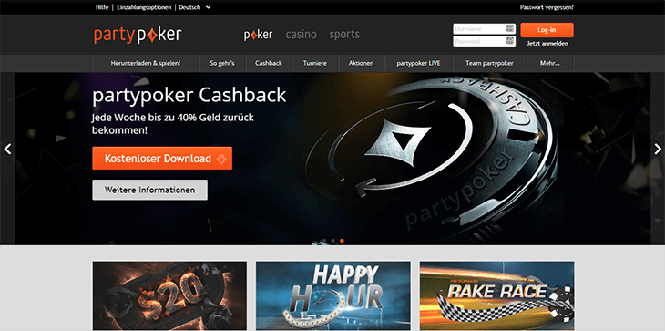 Ein Bild der Startseite des Anbieters PartyPoker