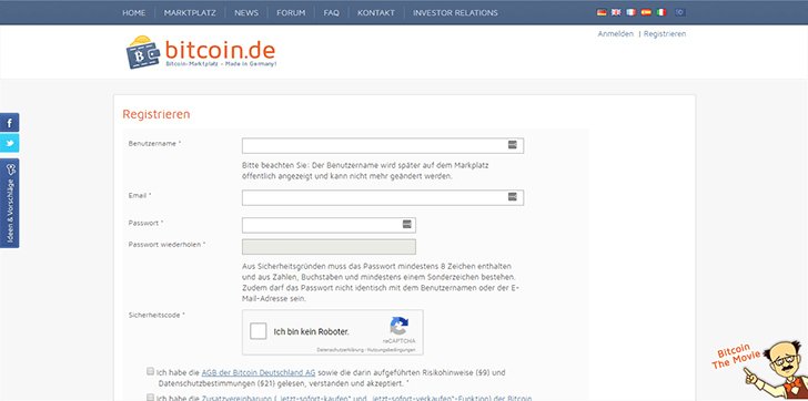 Das Registrierungsformular von Bitcoin.de