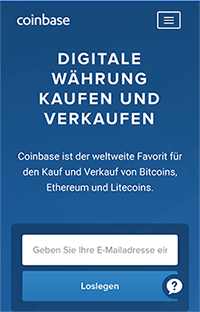 Die mobile Coinbase Webseite