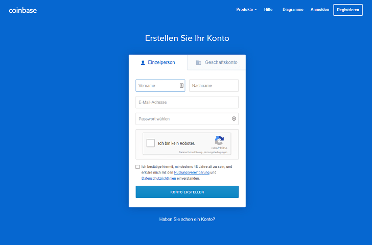Das Registrierungsformular von Coinbase