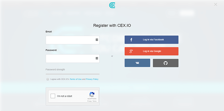 Cex.io Anmeldeformular Screenshot