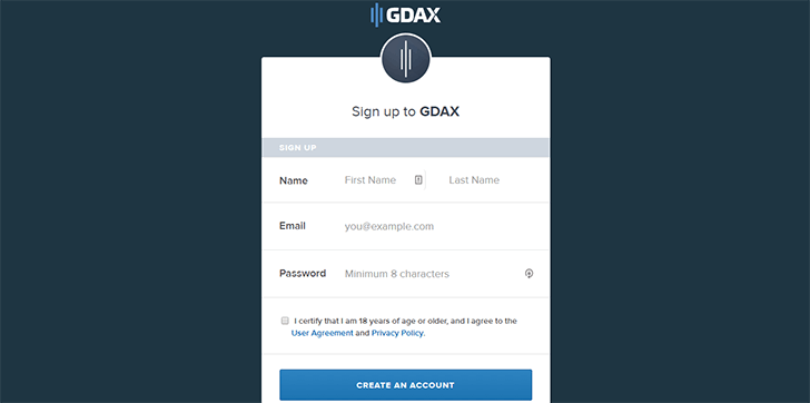 GDAX Registrierungsformular Screenshot