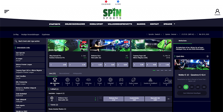 Spin Sports Webseite Screenshot