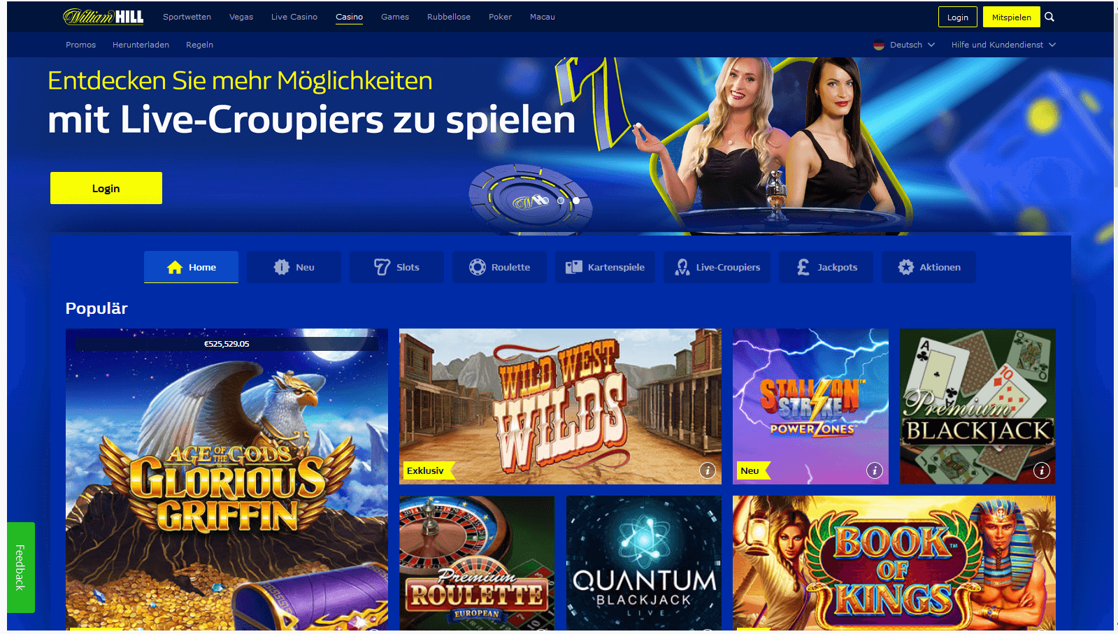 Screenshot der William Hill Casino Webseite