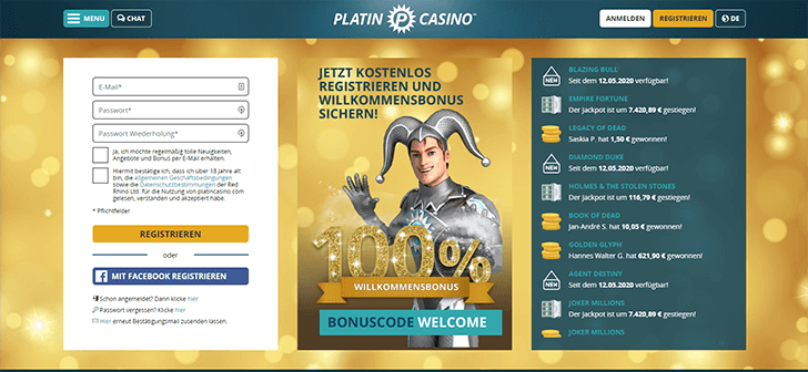 Platin Casino Anmeldung Screenshot