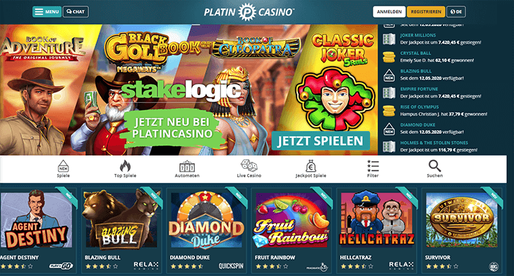Platin Casino Webseite Screenshot