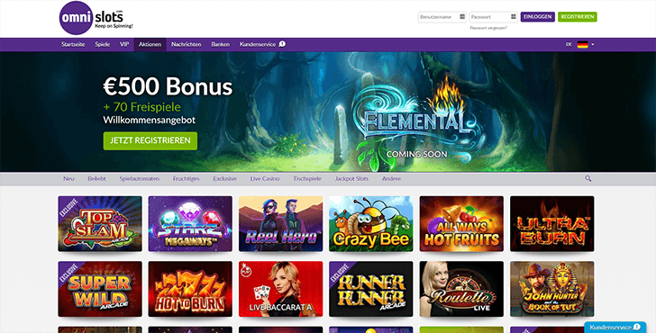 Die Omni Slots Casino Webseite