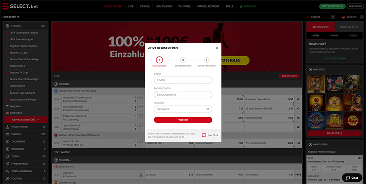Das Select.Bet Anmeldeformular