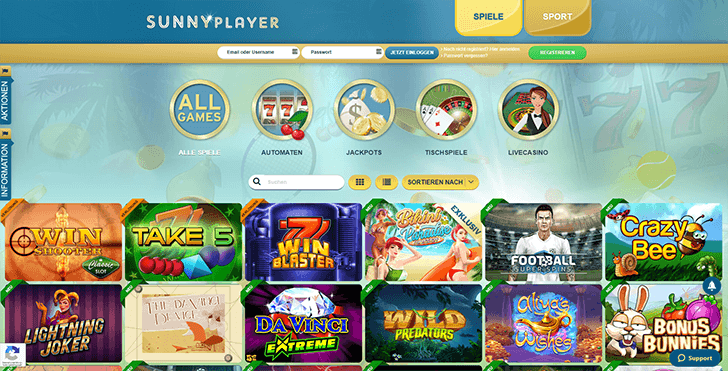 Webseite des Sunnyplayer Casinos
